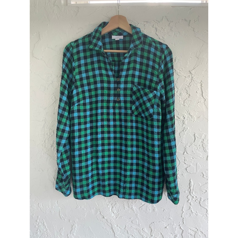 J. Jill Green Blue Buffalo Plaid Henley Tunic Top Small Long Sleeve Crinkle
